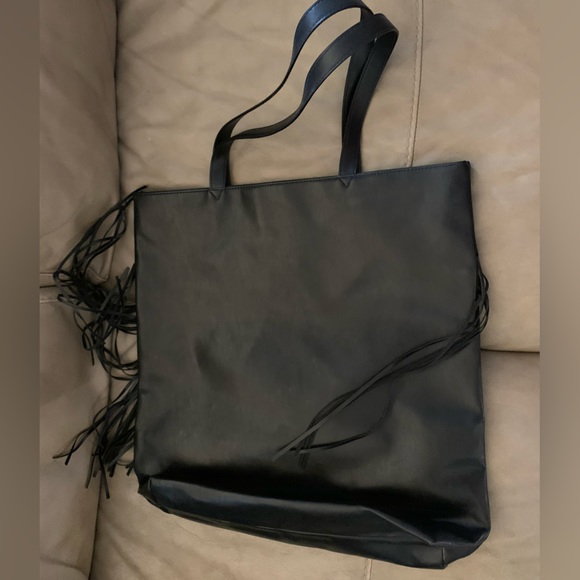 VICTORIAS SECRET Black Fringe PVC Double Handle Large Tote BAG Lined - Picture 7 of 8